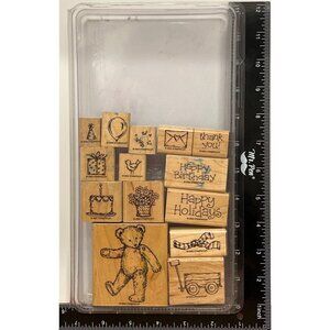 Vintage Stampin Up WOOD MOUNTED Rubber Stamp Favorite Teddy Bear 2003 SET OF 15